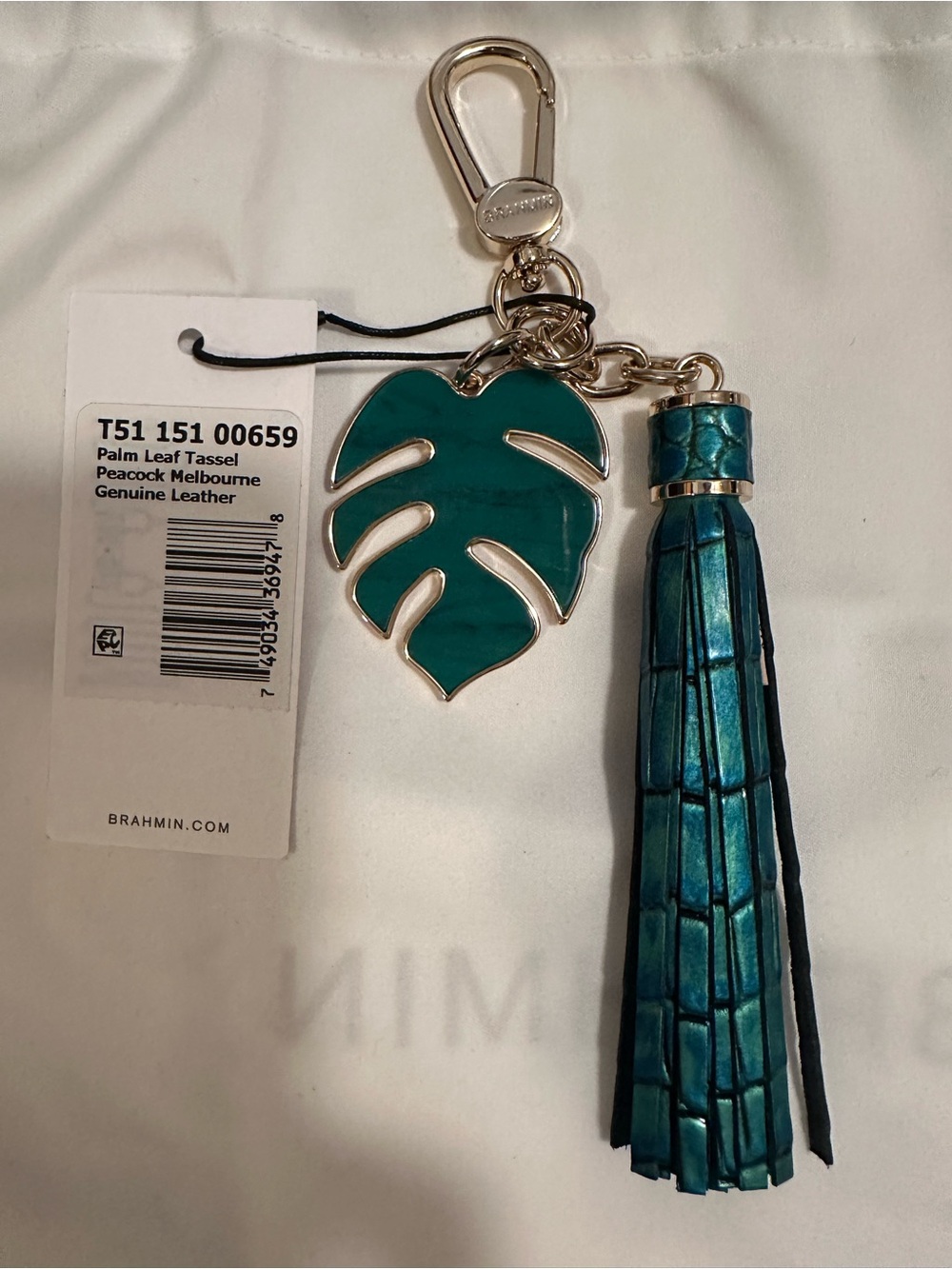 Brahmin Peacock Palm Leaf Tassel Key Fob Charm. Leather with gold hardware